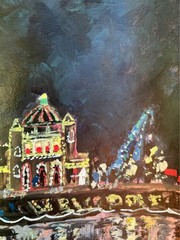 Winter City Night Painting, Holiday Lights Cityscape, Handmade, Signed by Artist