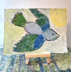 Original abstract Painting, whimsical Bird series #1, 5×7 Acrylic, signed, OOAK