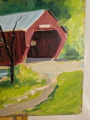 Vintage mcm Modern Impressionist painting Woodstock VT Taftsville Bridge Huszer