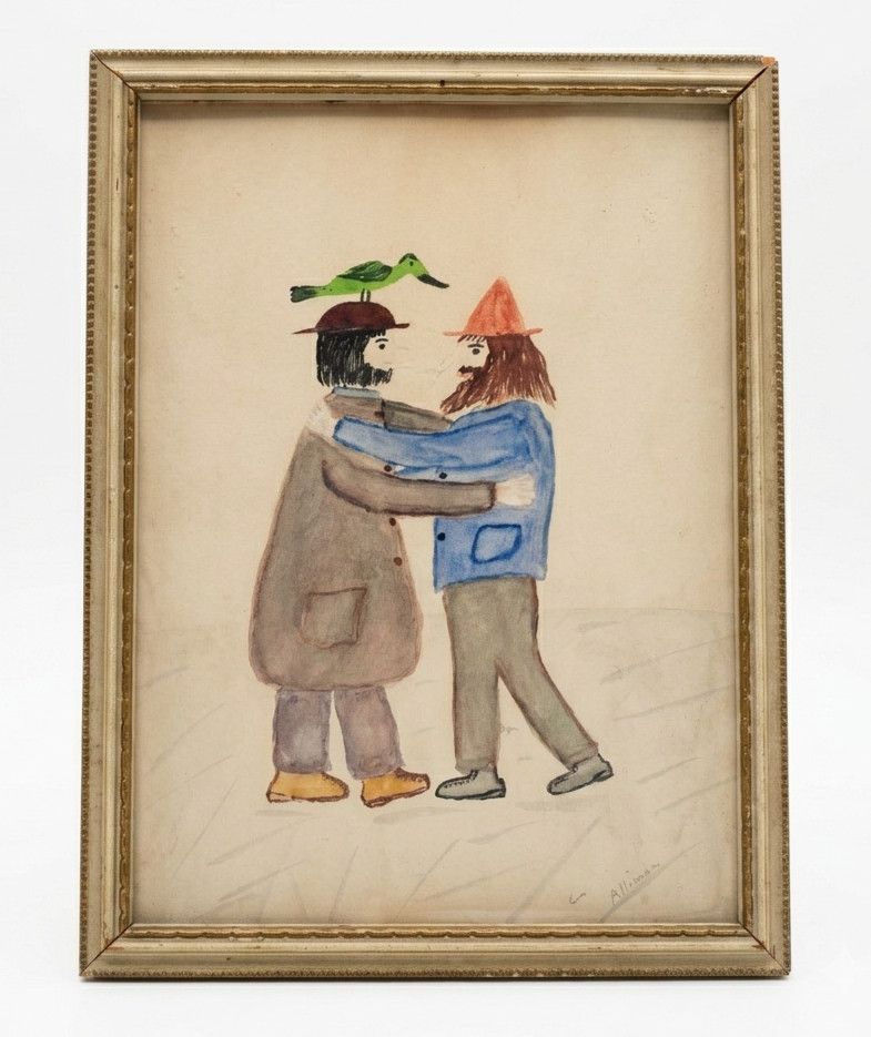 Folk Art Watercolor Painting Symbolism Men Hug Bird Gnome Cap Sign Alliman Vtg