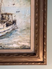 Original Oil On Board W J Edwards Signed Tuna Boat Painting MCM San Diego
