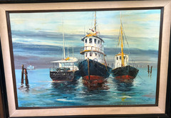 P. G. Tiele Fishing Boats Seascape Oil Painting Large MCM