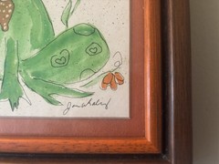 OOAK Vintage Frog Watercolor Painting Hearts Flowers Signed Framed Matted 9×7”