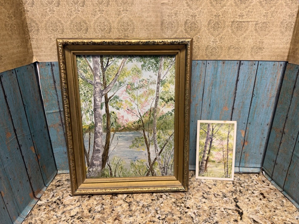 Vintage Oil Painting Canvas Pink Trees Lake View Signed & Framed With Postcard