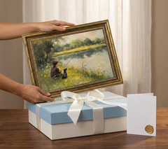 Vintage Gold Framed Wall Art Boy Fishing Country Painting Picture Peaceful Lake