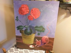 Original Oil Painting Cat Playing with Mouse by Geranium Unsigned