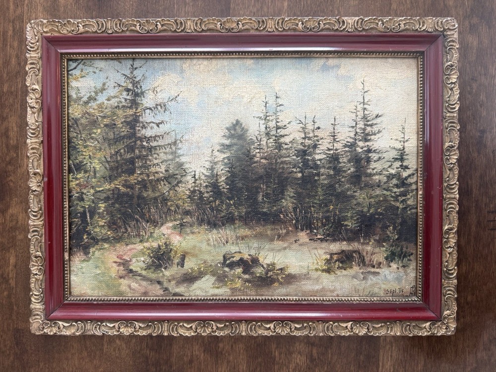 Antique 1905 Austrian School Oil Painting Forest Landscape AB Monogram