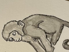 ACEO Original Pen and Ink Painting Monkey Artist Trading Card Sketch Drawing
