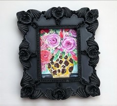 Leopard Vase with Flowers 🌺 mini watercolor print in black ornate frame
