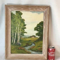 Vtg Original Landscape Painting River Forest Woods Trees Framed Signed MCM FRAME