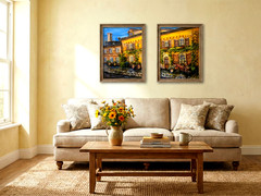 Original Diptych Acrylic Painting Old Town European Street Art 2x 60×40сm Canvas