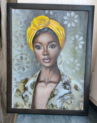 Original Oil Painting Black Woman Turban Portrait Silver Decor Framed 13×17″ Art