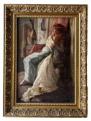PORTRAIT OF SARAH BERNARDT AT THE THEATER SIGNED S. B. FRENCH OIL PANEL 19th