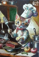 Jacob Landis HANDMADE ORIGINAL Whimsy ACEO Tabby Kitten Sleeps „above The Fire“