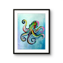 Original Signed 11×14 Acrylic Abstract Ocean Octopus Art Bold Color Home Decor