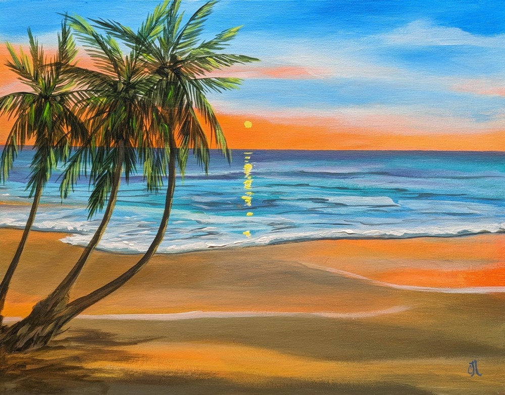 Original Seascape Painting. Tropical Island. Beach Sunset. 11×14″ OOAK Fine Art