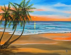 Original Seascape Painting. Tropical Island. Beach Sunset. 11×14″ OOAK Fine Art