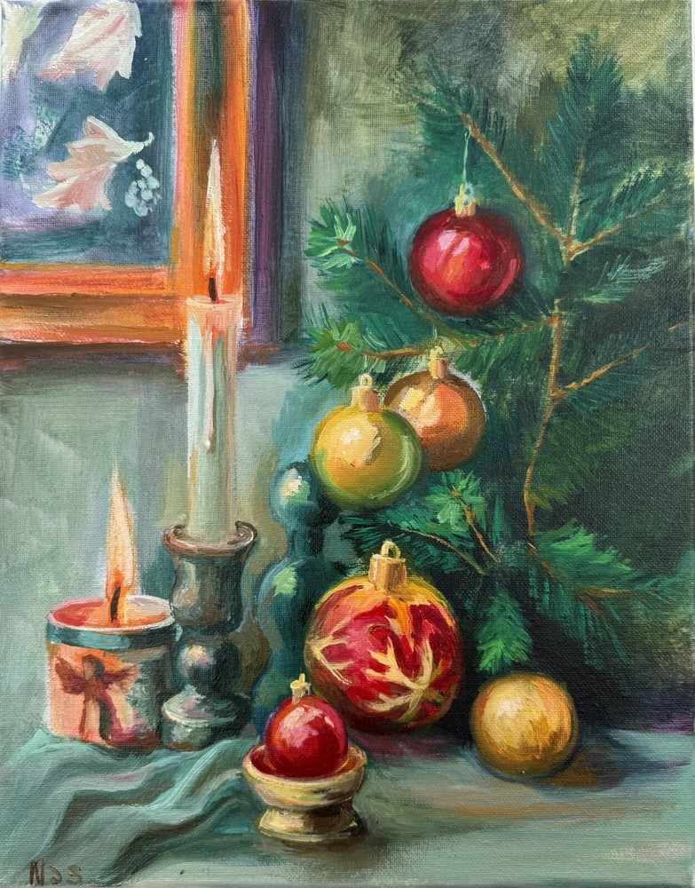 Christmas Tree, Original Painting oil,11x14inch, Wall Art Decor, Signed Art Gift