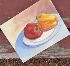 Vintage original painting bell peppers red yellow Art acrylic Picture Kitchen