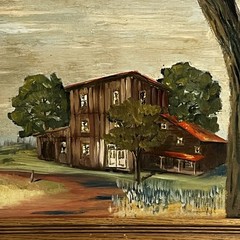 Vtg AMERICANA Homestead Landscape Oil PAINTING 18” X 14.5” FRAMED ART MCM Signed