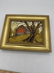 Vintage 7.5×9.5” Hand Painted Barn And Tree Signed Country Framed