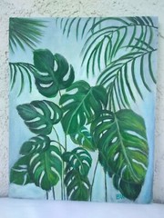 Original Acrylic Painting 8 x 10 Canvas Panel Monstera Leaves Palm Tropical Art