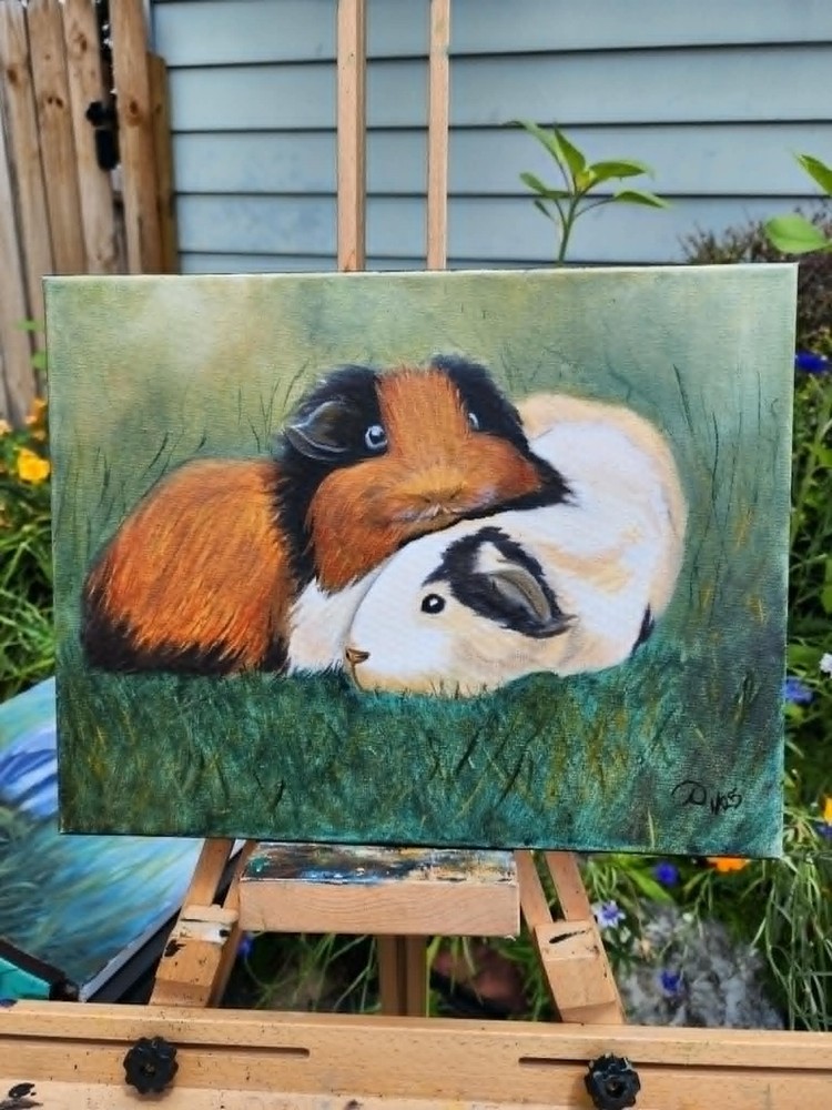 Original Oil Painting „Guinea Pigs in the Grass“ 11×14 Stretch canvas