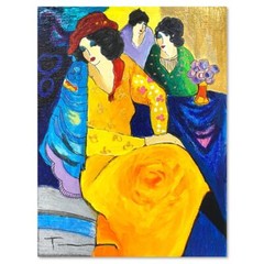 Itzchak Tarkay (1935-2012) „Blue Mood“ Mixed Media Over Paint on Wood Signed