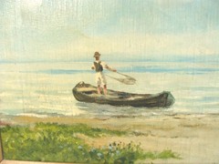 Antique Parading Ducks Fisherman Couple Seascape O/C Painting