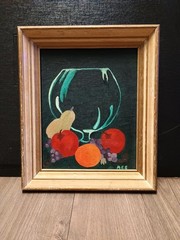 Still Life Oil Painting Oranges & Grapes Wine Glass Fruit Signed MES