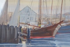 Mid Century Realist Signed Watercolor Painting Sailboats Harbour Marina Nautical