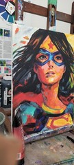 Original Abstract Super Hero Woman 14 x 11 Canvas Wall Painting