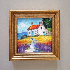 Oil landscape „Irish Cottage“ Oil Painting: Colorful Flower Field Original 6×6