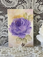 Purple Rose Hand painted Vintage Inspired Oil 4 X 6 Canvas Signed Unframed