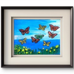 Colorful Butterflies Acrylic Painting Blue Sky Garden Floral Wall 11×14 Origina