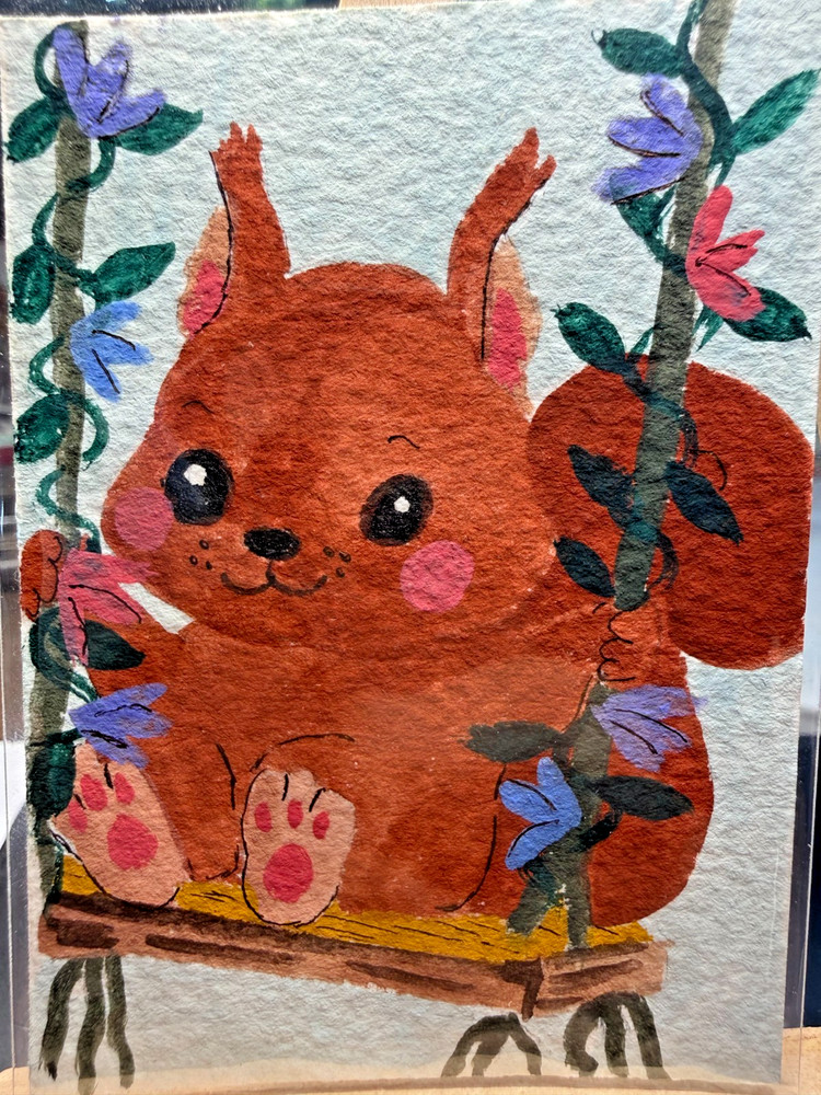 ACEO Original OOAK Signed (Not a Print) „Nature Swing“ Squirrel & Floral Vines