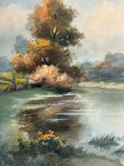 Antique Original Art Watercolor Wood Framed Landscape Water Trees Picture 14×20″
