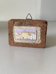 Vintage Miniature Painting on Brick Stone Spanish European Landscape Cityscape