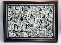 Original Haitian Black & White Framed Painting AT THE MARKET F. Pierre Caribbean