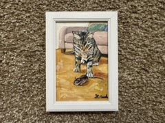 ORIGINAL OIL PAINTING TABBY CAT & MOUSE INDOOR SCENE SIGNED FRAMED 4×6