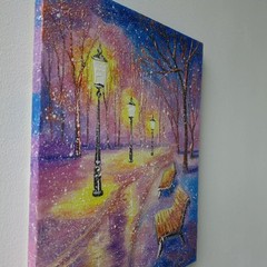 Original Oil Winter Landscape Painting Snow Park Benches Canvas Wall Art Decor