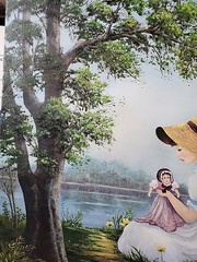 Oil painting, girl in a white dress holding a doll by the lake Signed 24″×20″