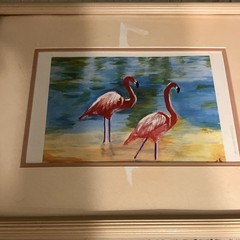 Two Flamingos Birds Painting – Contemporary Art, Matted & Framed, Single Piece