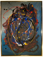 MID-LATE 20TH C AMERICAN VINT ABSTRACT EXPRESSIONIST DRIP PAINTING O/B BRASS FRM
