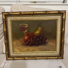 Original Still Life Oil Painting Framed Fruit Wine Grapes Pear Vintage Unsigned