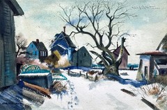 JAMES VANCE 1940s Provincetown Cape Cod Winter Village Snow Scene Painting