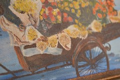 Vintage Art Painting Bicycle Pedal Flower Cart Town Square City Village Framed