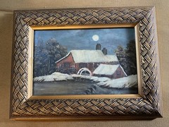 Antique c1890 „Winter Nocturne With Snow Cap Mill Scene“ Oil Painting – Framed