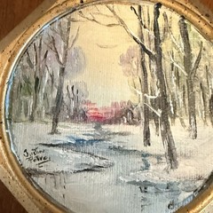 Vtg Miniature Original Oil Painting Winter Still Life Signed Framed 4.25″ MCM