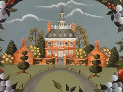 VINTAGE AMERICANA FOLK ART PAINTING VICTORIAN MANSION PINE CONE APPLE GRAPES ART
